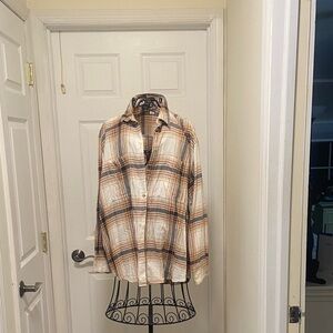 Old Navy Tan and Brown Plaid Boyfriend Shirt